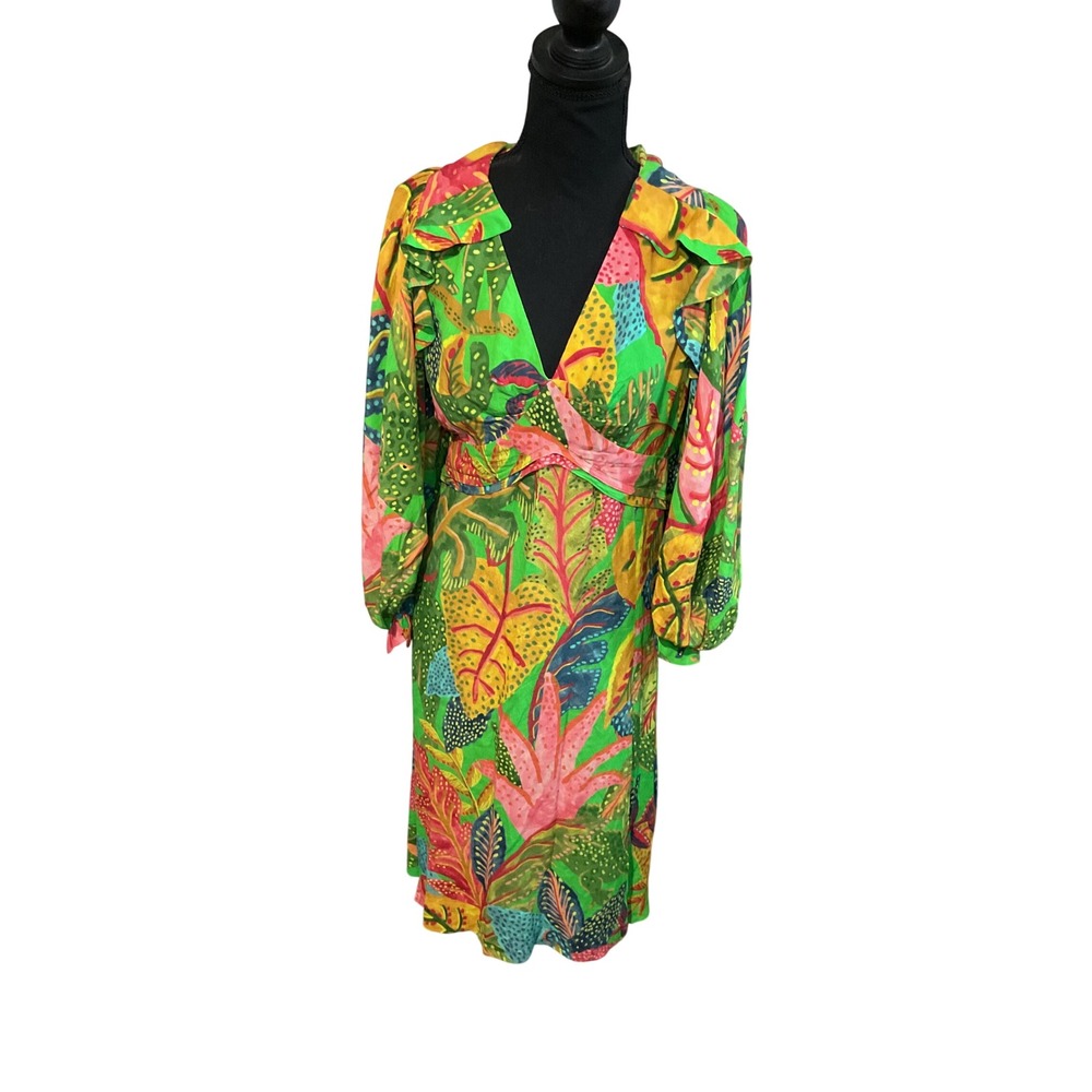 Farm Rio Tropical Midi Dress Womens M Green Multi Excellent Ruffle V-Neck